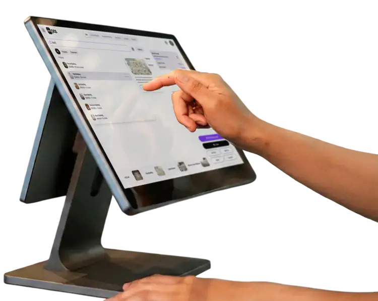 Skuno's Point of Sale interface running on a touchscreen display, showing customer loyalty and item search.