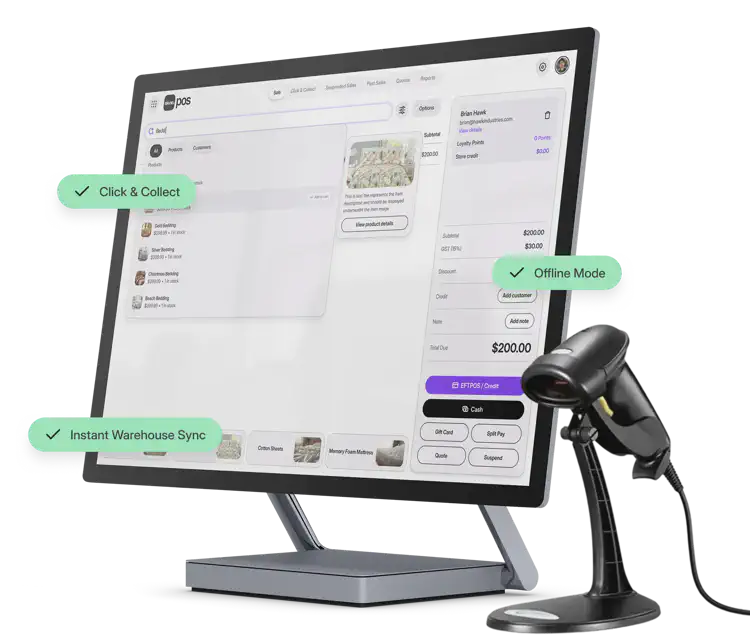 Point of Sale screen and scanner running Skuno POS.