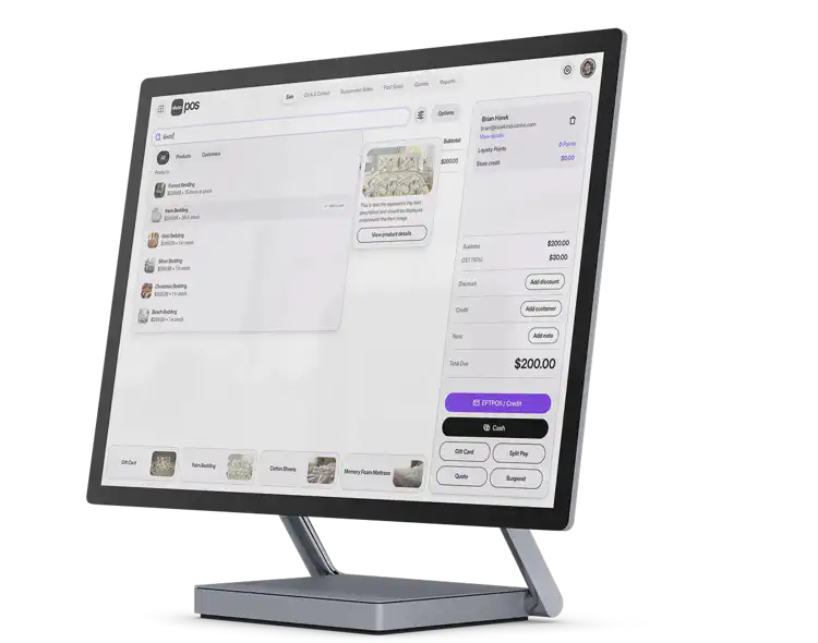 Skuno's Point of Sale interface running on a touchscreen display, showing customer loyalty and item search.