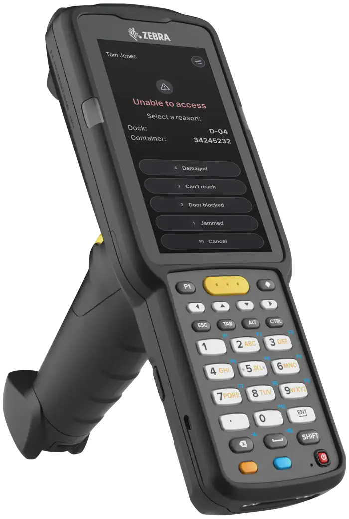 Zebra mobile computer with Skuno WMS interface displaying reason codes for a warehouse task exception.