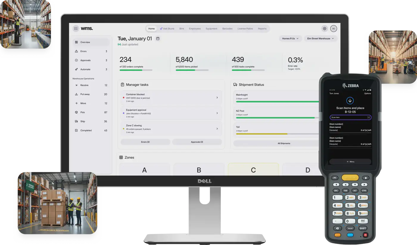 Skuno WMS dashboard interface displaying current warehouse statistics and alerts.