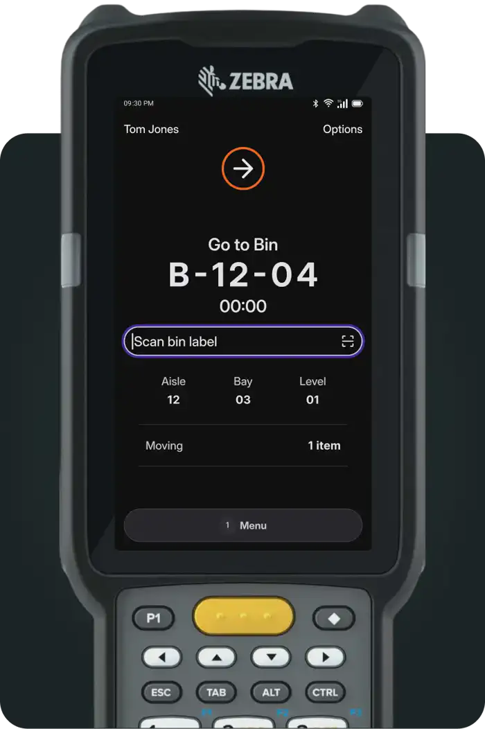 Skuno WMS task interface showing a pick task with real-time updates.